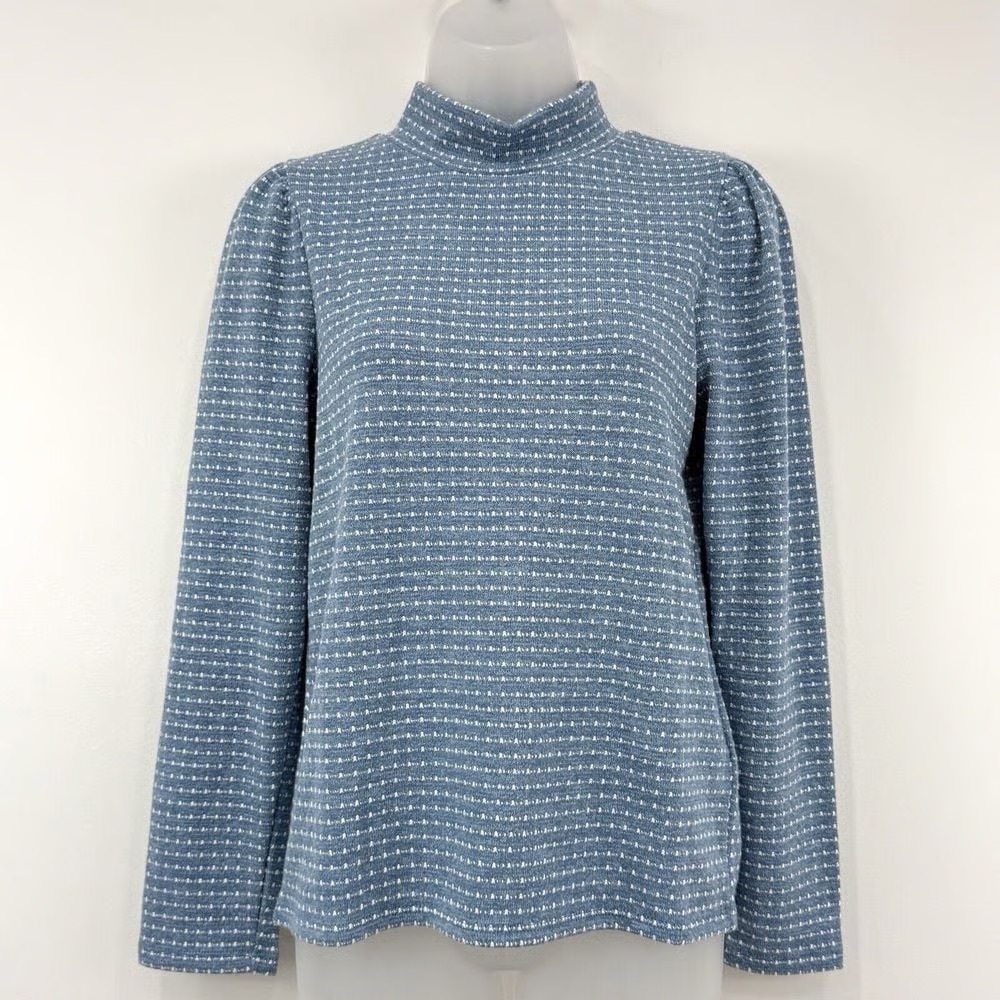 Madewell Blue White Jacquard Mockneck Long Sleeve Top XXS Textured Knit